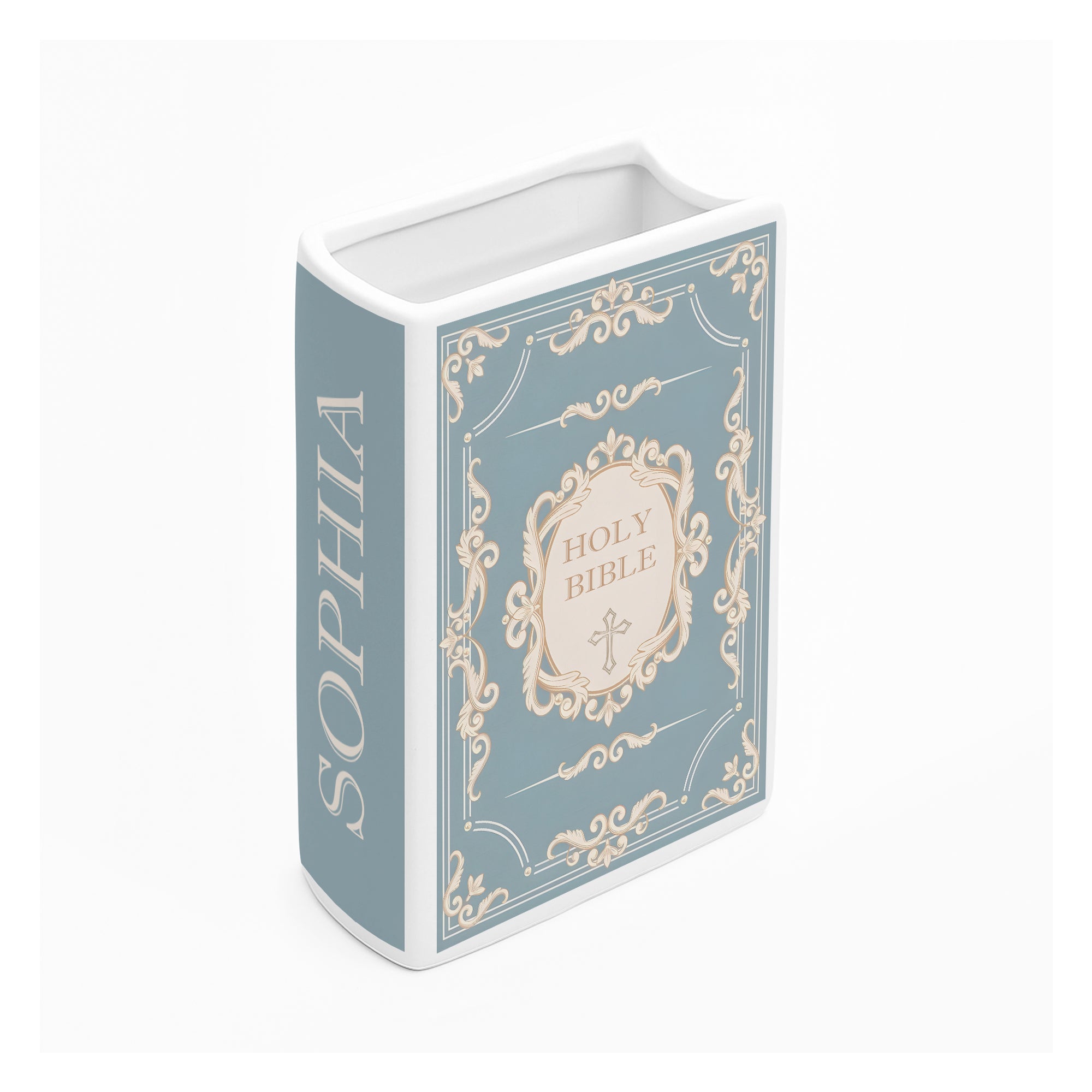 Personalized Holy Bible Book Vase for Women, Pastel Floral Ceramic Christian Home Decor with Name, Faith Inspired Shelf Decor CBLAF07